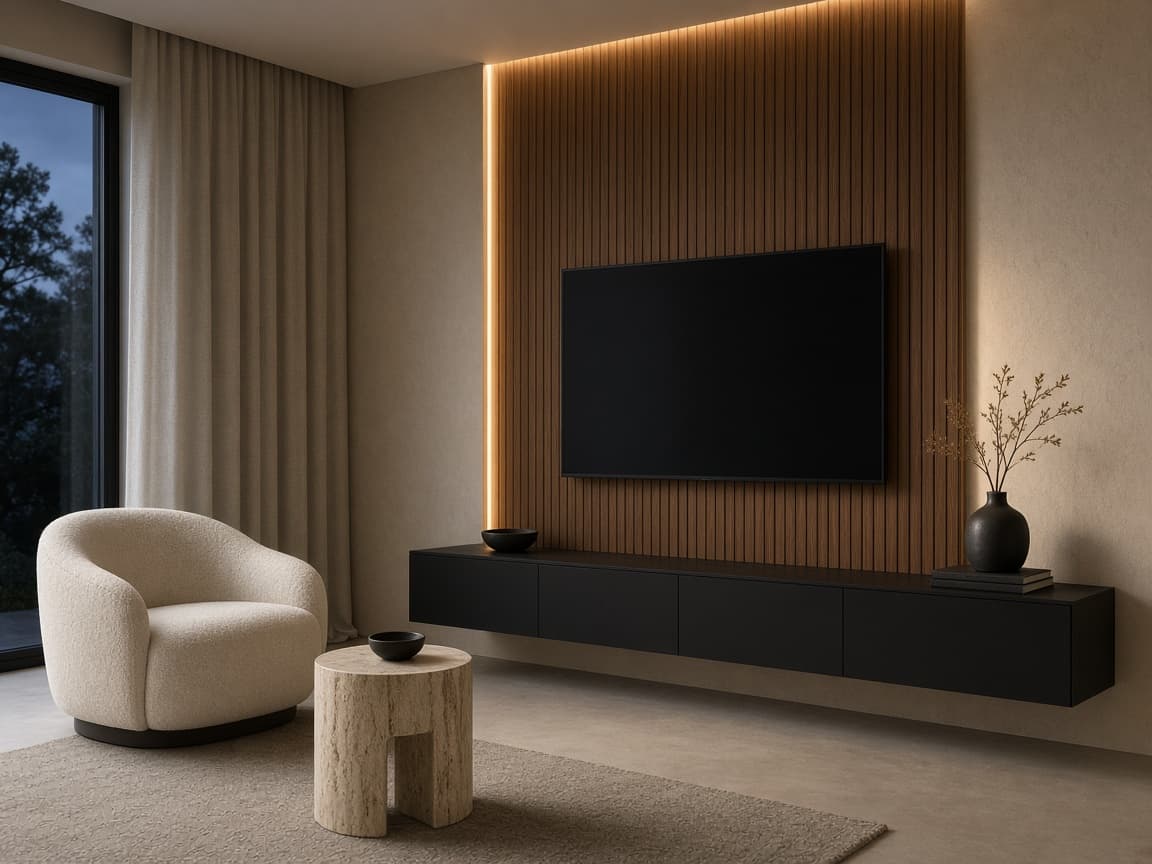 Después: sala con muro listonado en madera, luz lineal y mueble de TV flotante
